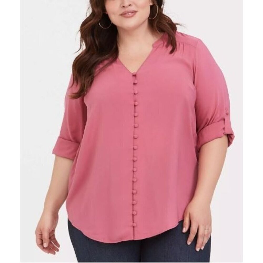 Torrid Top Womens 2X Pink Rose Harper Button Loop Front 3/4 Sleeve V Neck
